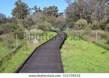 Wooden board walk to the Malbup Bird hide  in the  Tuart forest National park near Busselton south west Australia  on a cloudy afternoon after heavy spring rains .