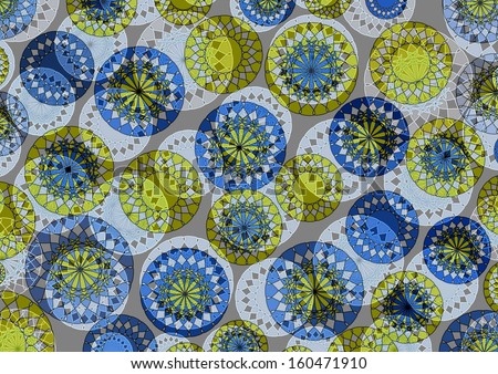 Dainty  circular modern abstract design superimposed  on  a plain grey background  in subtle yellow and blue tones  is ideal for distinctive wallpapers.