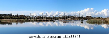 Idyllic panorama of the mirror like   reflections on the lake at the  Big Swamp nature reserve Bunbury western Australia on a cloudy afternoon in early spring.