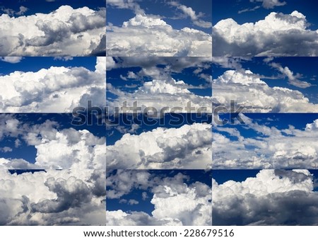 Superb collage of white  and grey fluffy  cumulus clouds in blue Australian sky in early spring indicating  a fine day ahead.