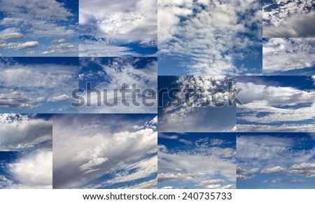 Collage of high white  wispy cirrus clouds  in  a blue Australian sky  sometimes called mare's tails  blown by high winds into long streamers indicate fine weather    but  stormy changes coming.