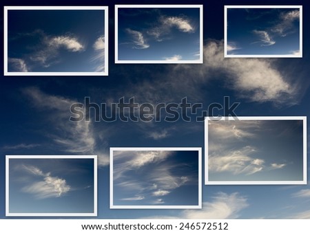 Collage  of high white  wispy cirrus clouds  in  a blue Australian sky  sometimes called mare\'s tails   blown by high winds into long streamers indicate fine weather    but  stormy changes coming.