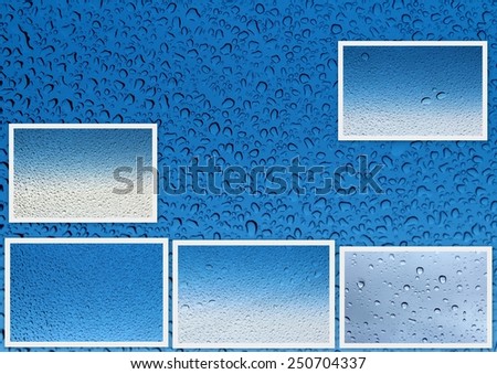 Sparkling collage of clear raindrops on  a  glass  windscreen with blue and white  background is  ideal for  unique abstract wallpapers.