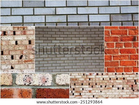 Interesting  textured collage of old weathered red clay brick wall  with crumbling grout and washed away clay   , grey bricks, red bricks and light brown bricks.