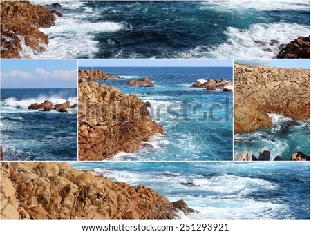 Scenic collage of  the Indian Ocean splashing on the gneiss sedimentary rock formations at Canal rocks  on the south west coast of Western Australia  on a fine day in autumn.