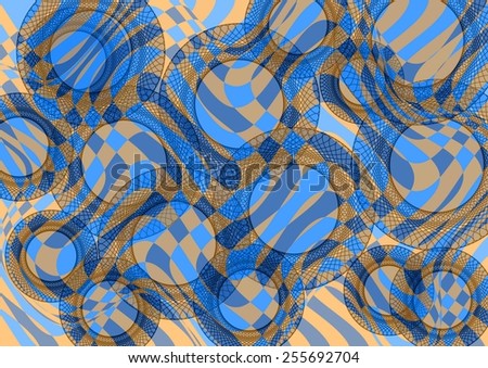 Superb unique  colorful textured  modern  geometric abstract design superimposed  with   circular  motifs on an   orange and blue  background ideal for wallpapers  and chic backgrounds.