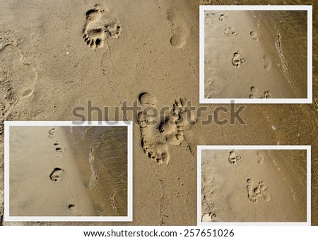 Lovely collage of footprints in the wet sand on the beach in early morning as the tide is \
ebbing slowly  out.