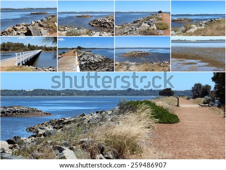 Splendid collage of scenic views  of the wooden board walk  and walk path over the Leschenault Estuary near Australind  Western Australia on a fine morning.