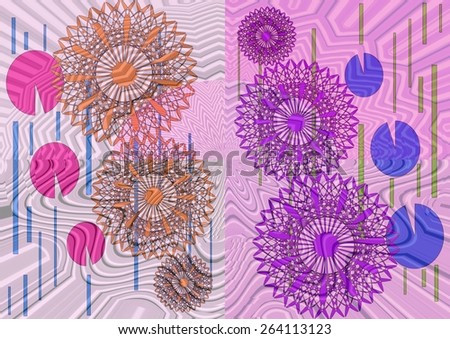 Charming distinctive    modern abstract design with floral and geometric   motifs in two picture format superimposed  on  a textured  pattern   background ideal for classic wallpapers and backgrounds.
