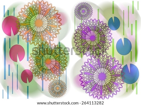 Charming distinctive    modern abstract design with floral and geometric   motifs in two picture format superimposed  on  a blurred   pattern   background ideal for classic wallpapers and backgrounds.