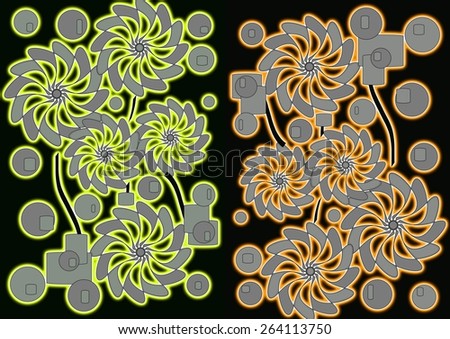 Stunning  distinctive    modern abstract design with floral and geometric   motifs in two picture format superimposed  on  a plain black    background ideal for classic wallpapers and backgrounds.