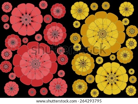 Stunning distinctive    modern abstract design with floral and geometric   motifs in two picture format superimposed  on  a plain black   background ideal for classic wallpapers and backgrounds.