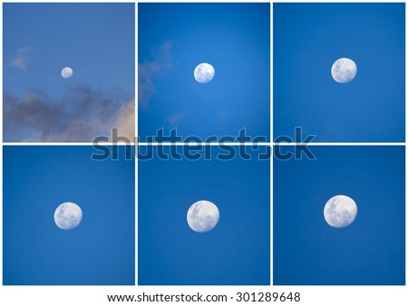 Collage of a full moon in the blue cloudy Australian sky on a  late afternoon in winter  reflects the setting sun\'s last rays.