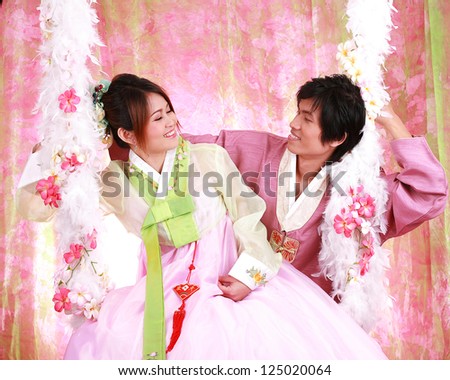 Woman and Man Asian girl hanbok dress Korea