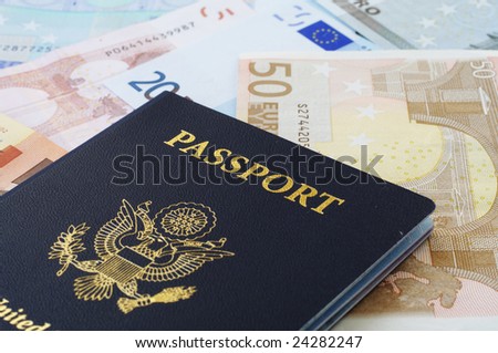 American passport and euro banknotes