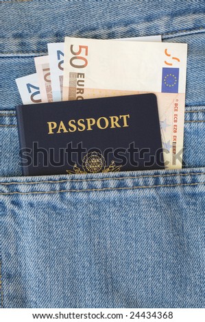 American passport with euros in jeans pocket
