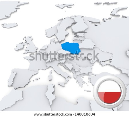 Highlighted Poland on map of europe with national flag