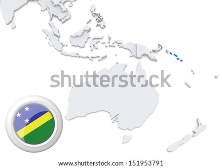 Highlighted Solomon Islands on map of Australia and oceania with national flag