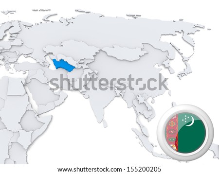 Highlighted Turkmenistan on map of Asia with national flag