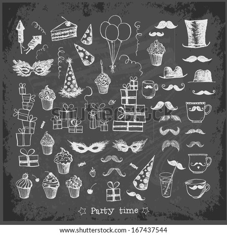 Set of sketch party objects hand-drawn on blackboard background Vector illustration Set of sketch party objects hand-drawn on blackboard background Vector illustration