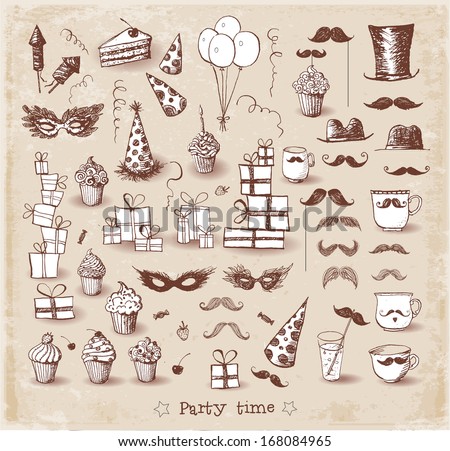 Set of sketch party objects hand-drawn with ink in vintage style Vector illustration Set of sketch party objects hand-drawn with ink in vintage style Vector illustration