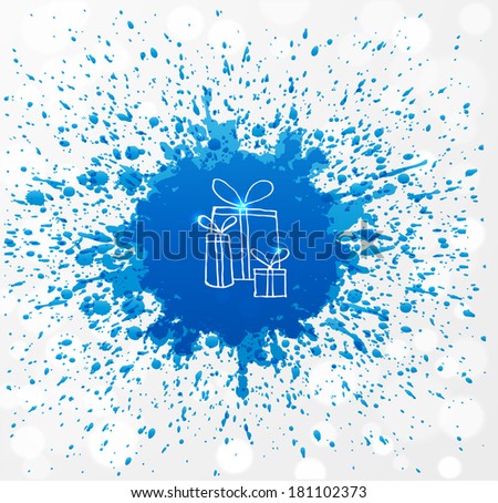Sketch of gift boxes and bright blue splashes on white background.