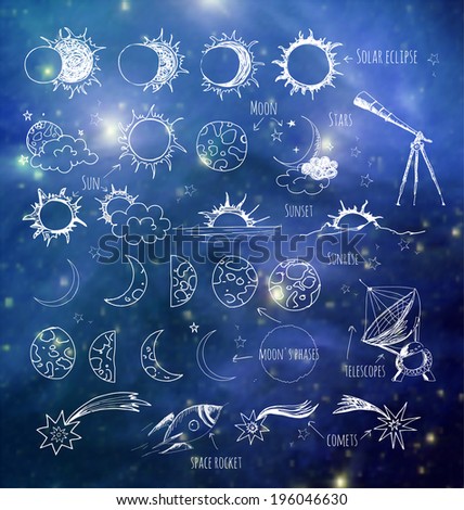 Set of astronomy sketches. Elements of this image furnished by NASA. Sun, Moon, sun eclipse, moon\'s phases, telescopes, stars and comets.