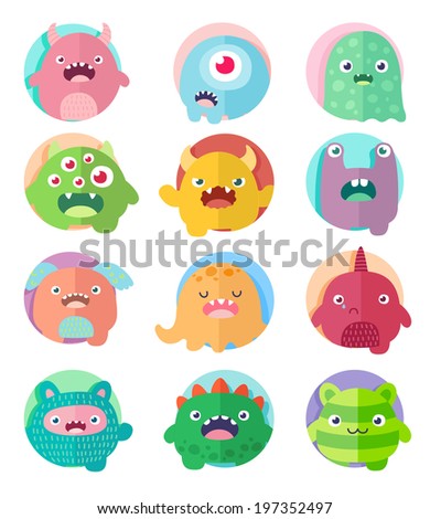 Set of icons cute cartoon 12 monsters in circles with positive emotions faces Set of icons cute cartoon 12 monsters in circles with positive emotions faces