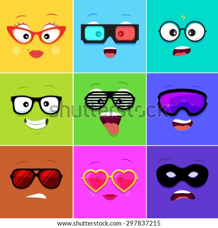 Cartoon faces with emotions v.12 - woman, 3d glasses, geek, hipster, club, snowboarding, sunglasses, heart, thief mask