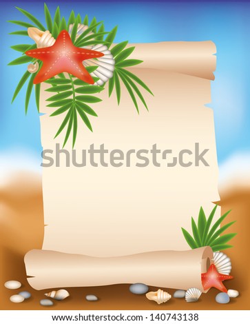 Blank paper scroll on summer background with starfish, vector illustration