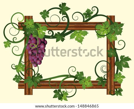 Wooden frame with grapes, vector illustration