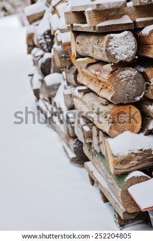 wood shed in winter snowy garden