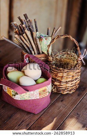 eggs for easter in quilted bag in country house