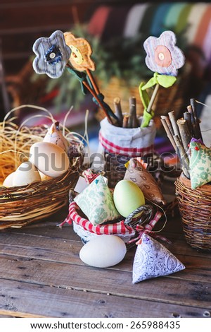 easter handmade chicken, eggs and decorations in country house