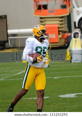 GREEN BAY, WI - AUGUST 19 : Green Bay Packers Receiver Greg Jennings During Training Camp Practice on August 19, 2012 in Green Bay, WI