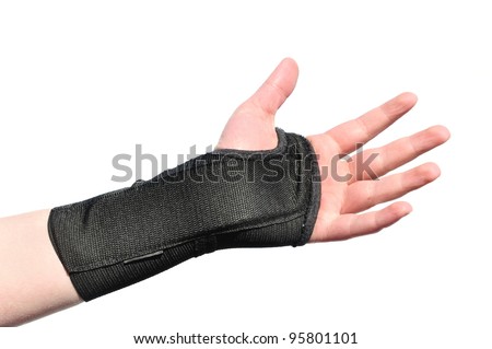 Arm Wrapped in a Black Wrist Brace Isolated on White