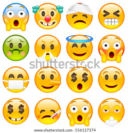 Set of Emoticons. Sixteen Smile icon. Yellow Emojis. Scared, Clown, Damaged, Winking, Angry, Saint, Ashamed, Liar, Happy, Sick, Smoking. Isolated Illustration on White Background