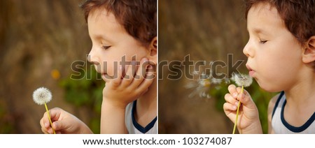 Sequence of images depicting a beautiful child blowing a dandelion