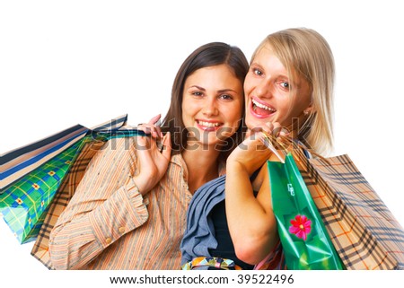 Close-up image of two happy shoppers with parcels on white background