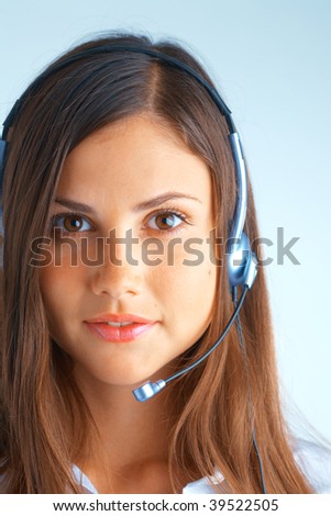 Support phone operator in headset on light blue background
