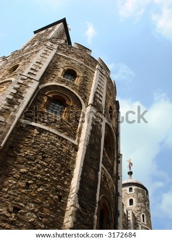 The White Tower in the Tower of London, seen from below, before the stairs in the entrance.