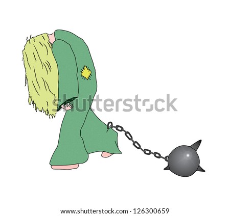Picture walking with her head down, women with a chain on her leg. Raster version
