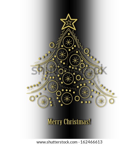 Abstract golden Christmas tree on black and white background and text 