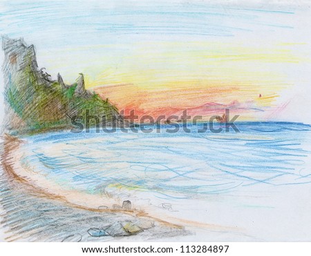 Sea colored pencil sketch, early morning