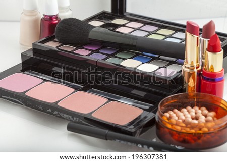 Closeup view of cosmetic products for makeup