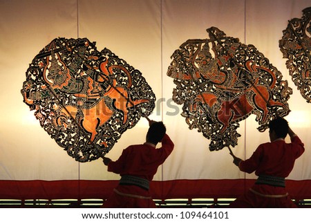 RATCHBURI, THAILAND - JUNE 26 : Large Shadow Play is performed at Wat Khanon on June 26, 2011. Large Shadow Play or Nang Yai is a performing art which Wat Khanon tries to preserve as a Thai heritage