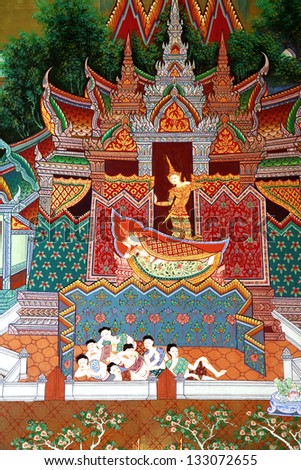 SAMUTSONGKRAM, THAILAND - NOV 25 : Traditional Thai painting art about Ramayana story on display at the temple wall Wat Churamanee on Nov 25, 2012 in ampawa samutsongkram Ptovince, Thailand