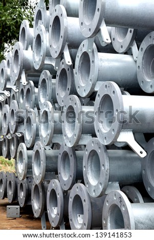 Galvanized Steel pipes bunch on the rack in warehouse