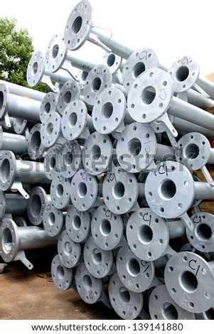 Galvanized Steel pipes bunch on the rack in warehouse