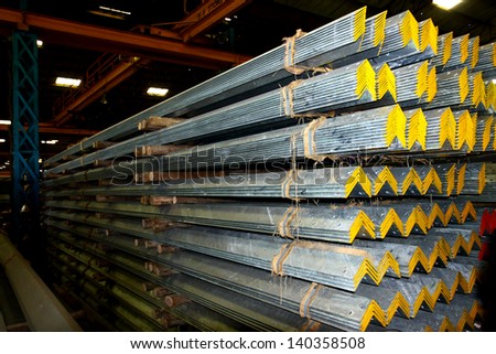 Steel angle bunch on the rack in warehouse